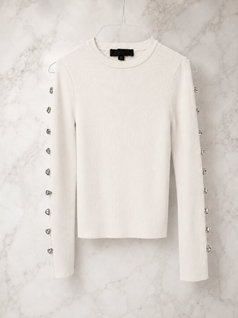 Zara Ivory Ribbed Knit Top w/ Silver Sleeve Details Sz S